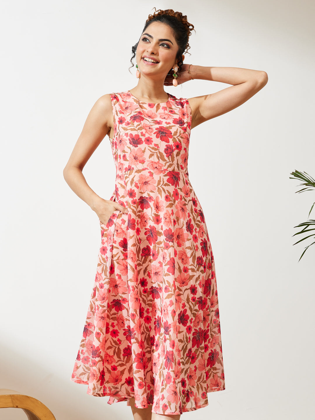 Janasya Peach Flared Georgette Dress | Grocsy