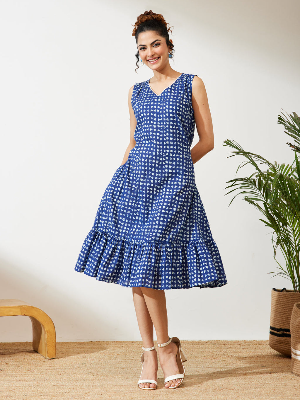 Janasya Navy Blue Fit & Flare Cotton Dress | Grocsy