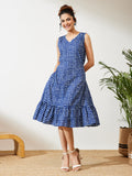 Janasya Navy Blue Fit & Flare Cotton Dress | Grocsy