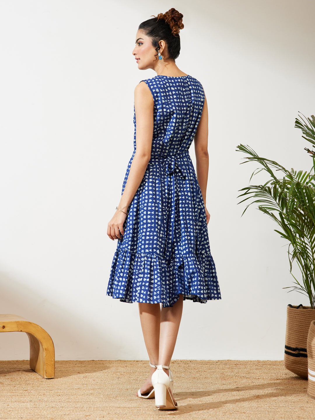Janasya Navy Blue Fit & Flare Cotton Dress | Grocsy