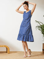 Janasya Navy Blue Fit & Flare Cotton Dress | Grocsy