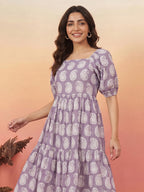 Janasya Purple Gathered Cotton Dress | Grocsy
