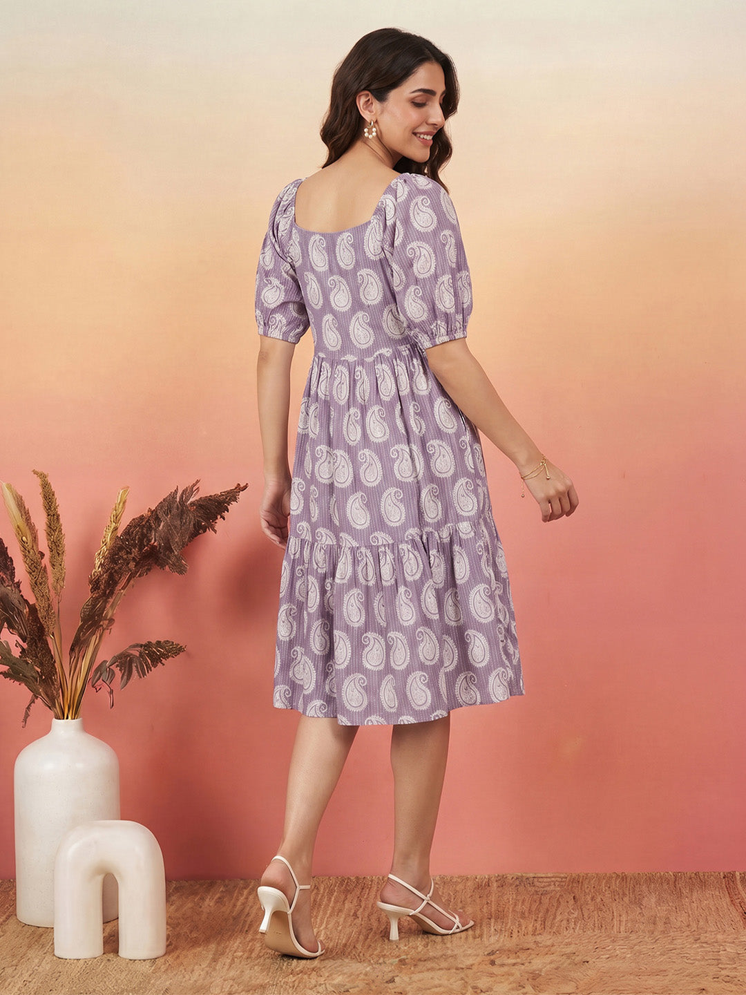 Janasya Purple Gathered Cotton Dress | Grocsy