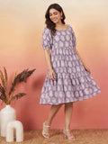 Janasya Purple Gathered Cotton Dress | Grocsy