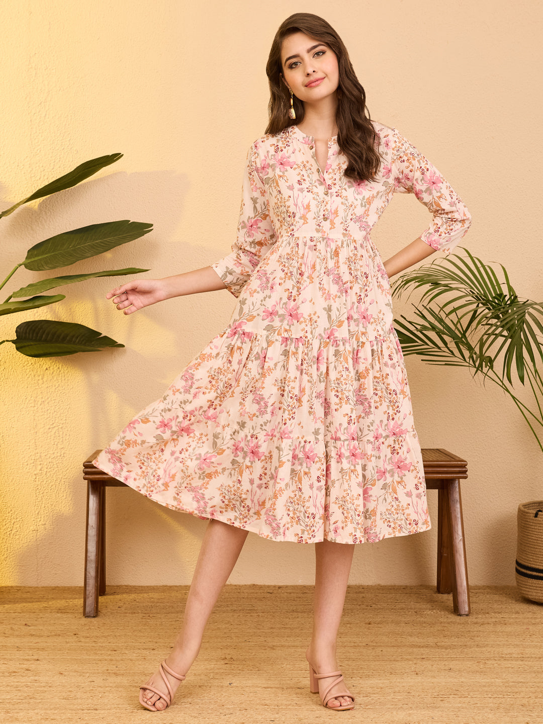 Janasya Baby Pink Tiered Cotton Dress | Grocsy