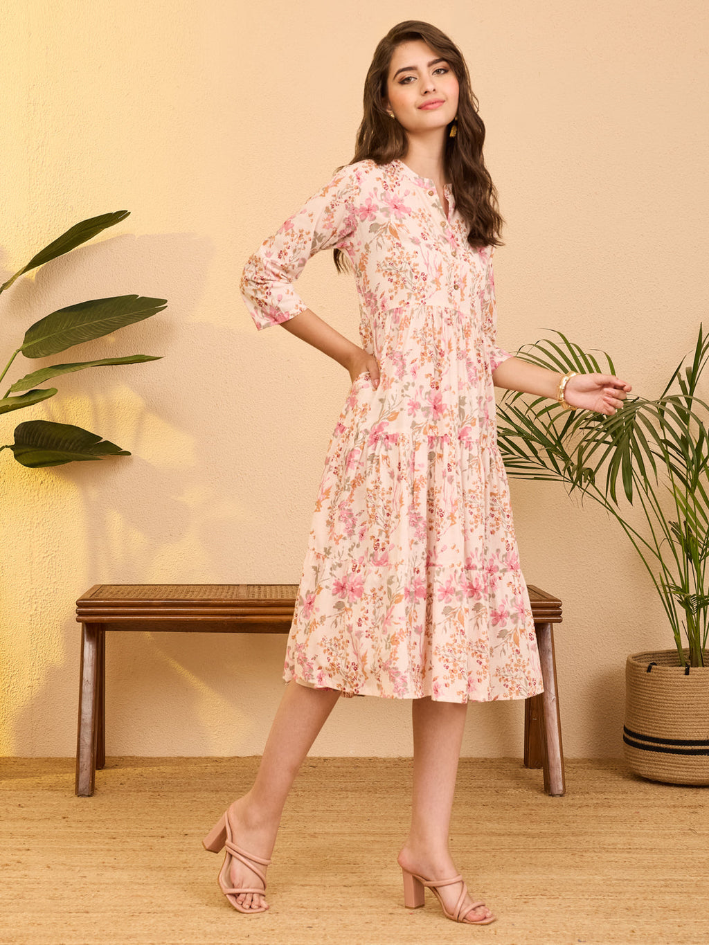 Janasya Baby Pink Tiered Cotton Dress | Grocsy