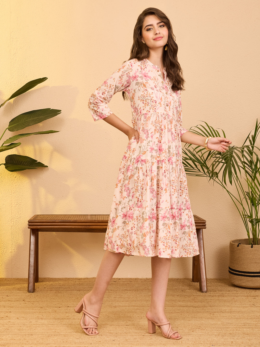 Janasya Baby Pink Tiered Cotton Dress | Grocsy