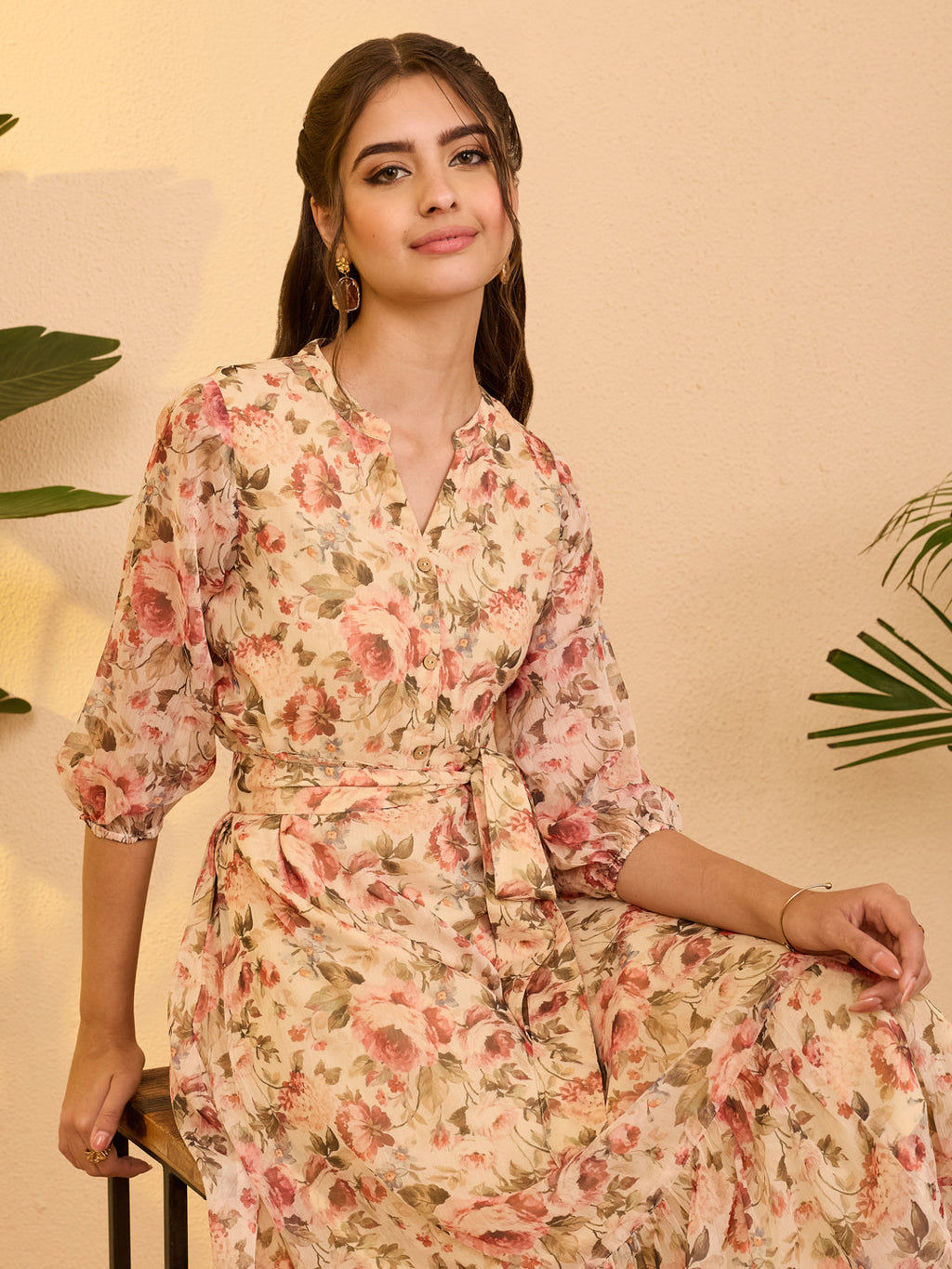 Janasya Beige Fit & Flare Chiffon Dress | Grocsy