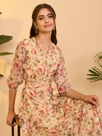 Janasya Beige Fit & Flare Chiffon Dress | Grocsy