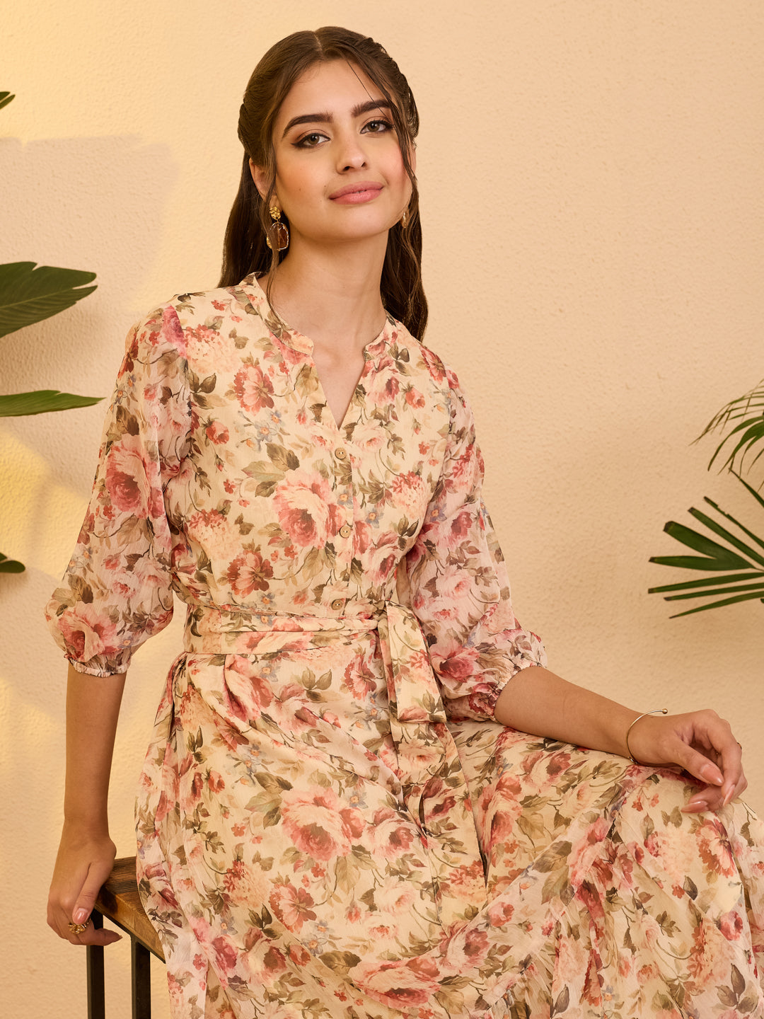 Janasya Beige Fit & Flare Chiffon Dress | Grocsy