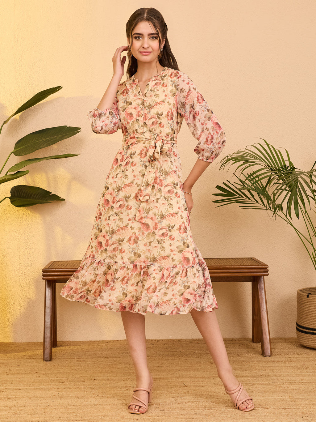 Janasya Beige Fit & Flare Chiffon Dress | Grocsy