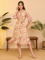 Janasya Beige Fit & Flare Chiffon Dress | Grocsy