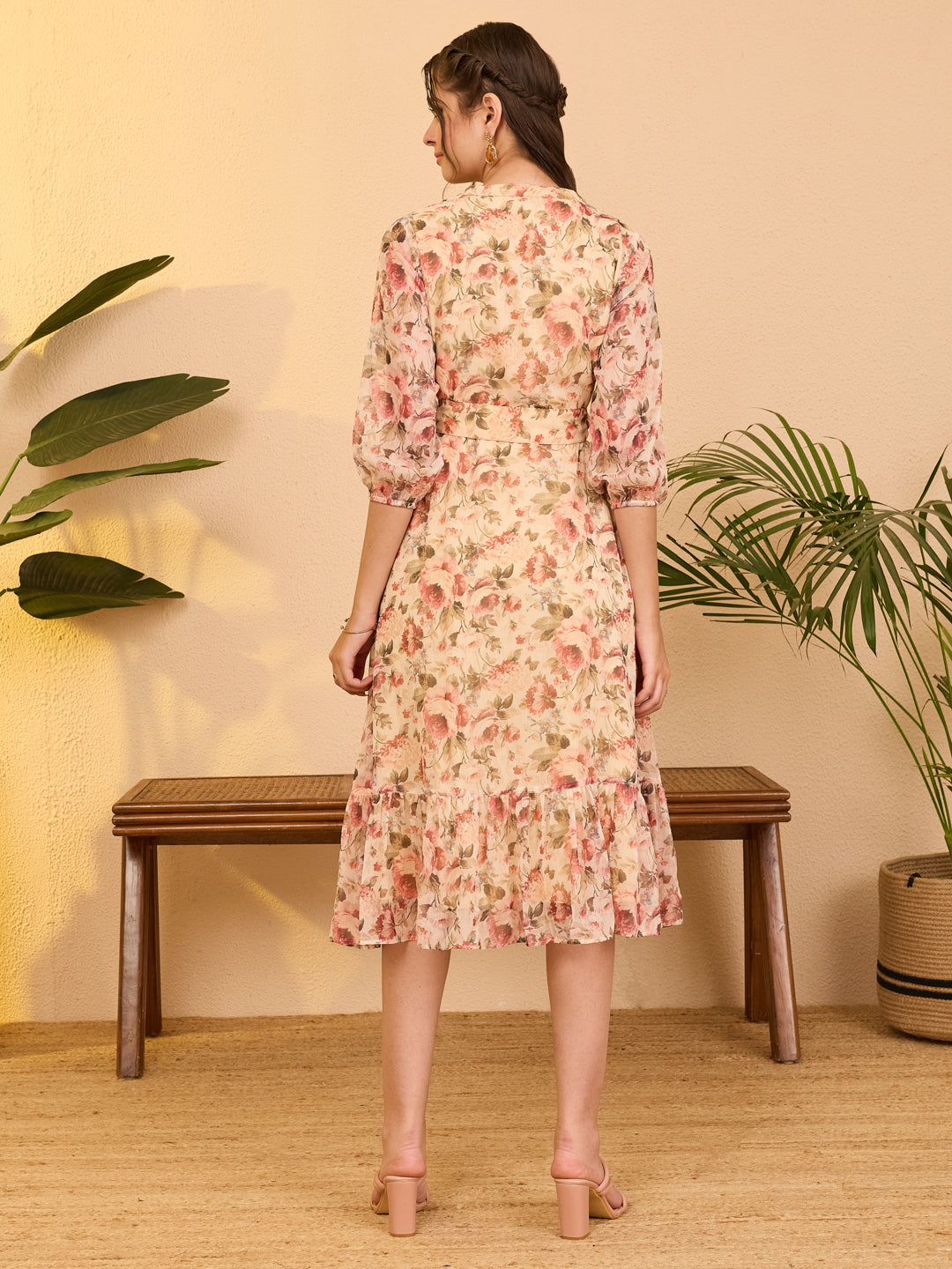 Janasya Beige Fit & Flare Chiffon Dress | Grocsy
