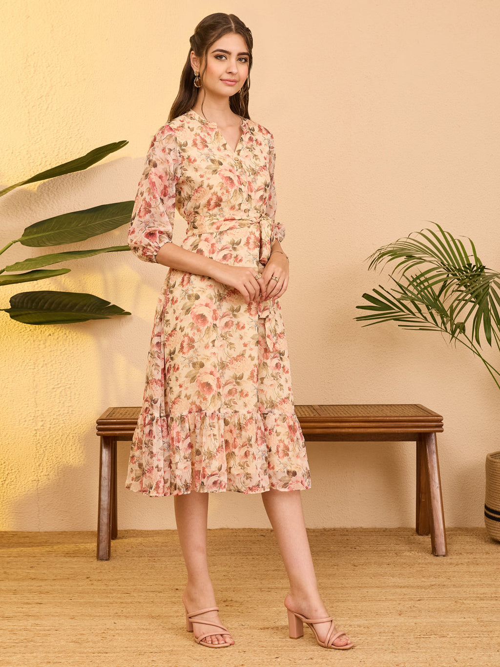 Janasya Beige Fit & Flare Chiffon Dress | Grocsy