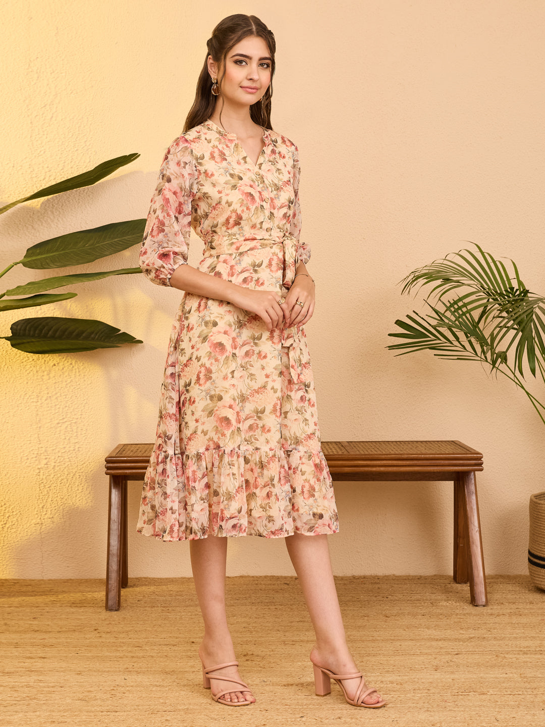 Janasya Beige Fit & Flare Chiffon Dress | Grocsy