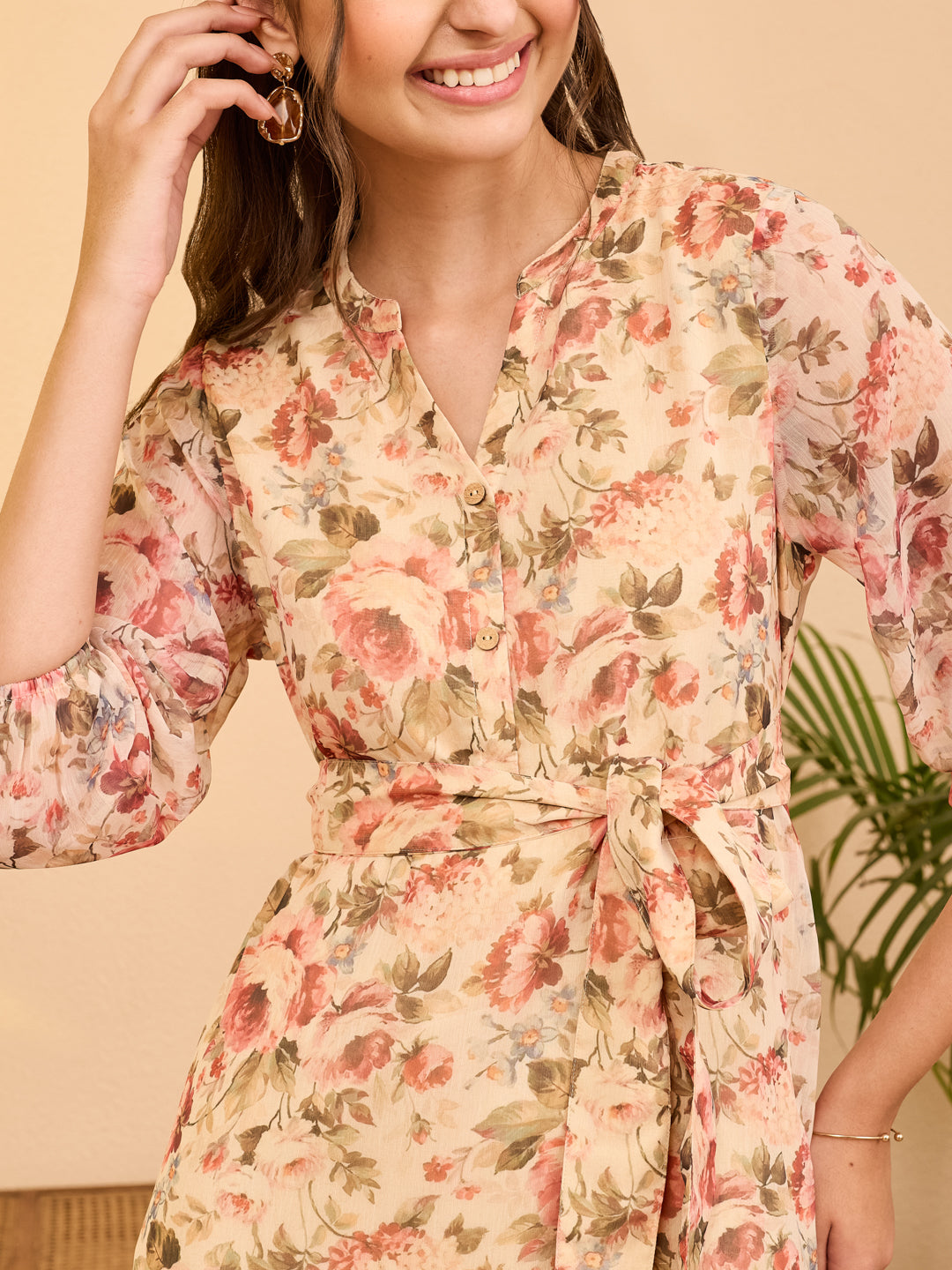 Janasya Beige Fit & Flare Chiffon Dress | Grocsy