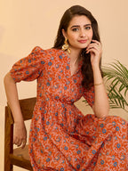 Janasya Orange Fit & Flare Cotton Dress | Grocsy