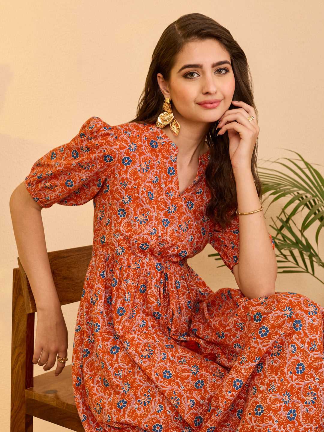 Janasya Orange Fit & Flare Cotton Dress | Grocsy