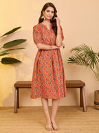 Janasya Orange Fit & Flare Cotton Dress | Grocsy