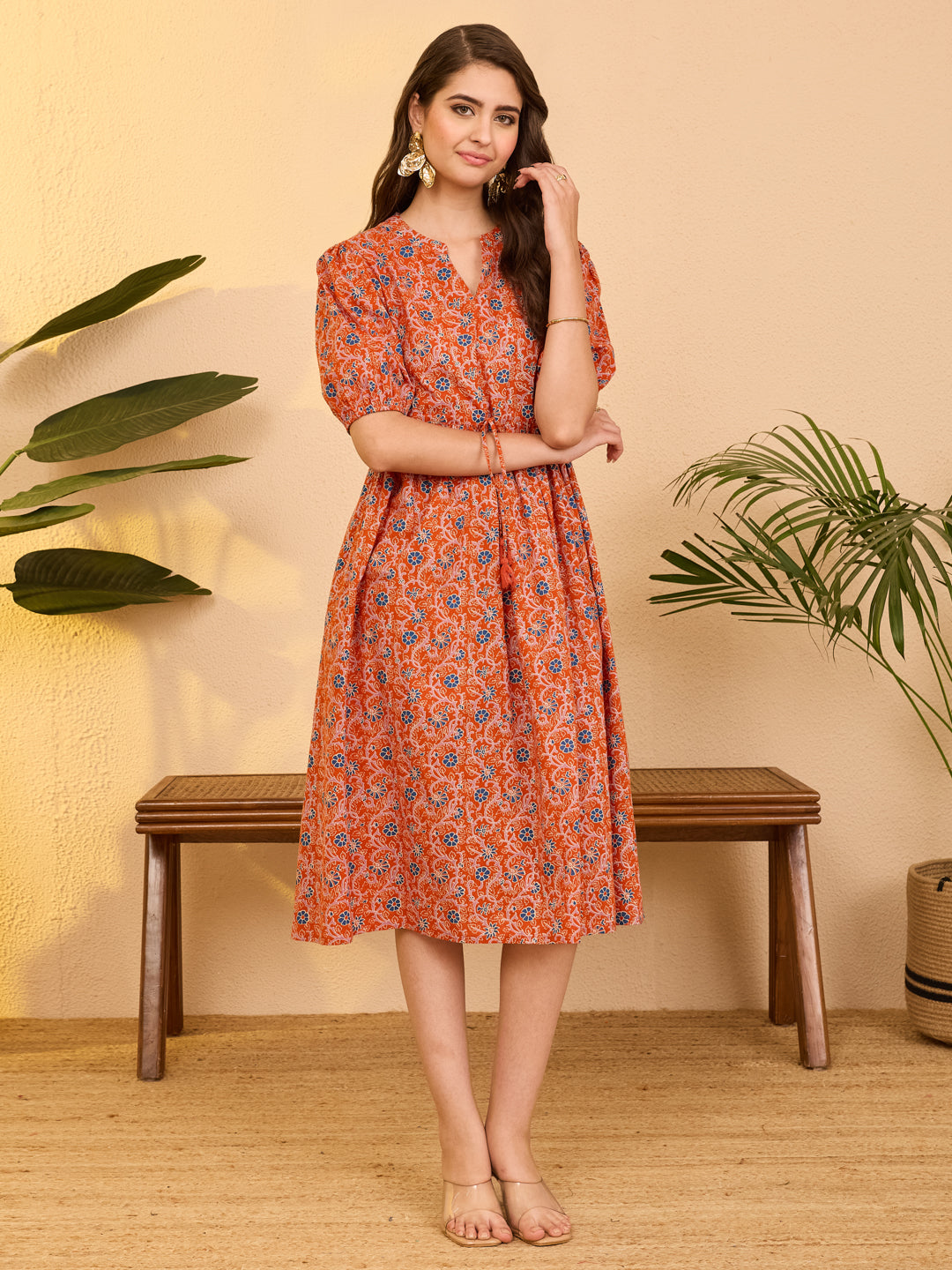 Janasya Orange Fit & Flare Cotton Dress | Grocsy