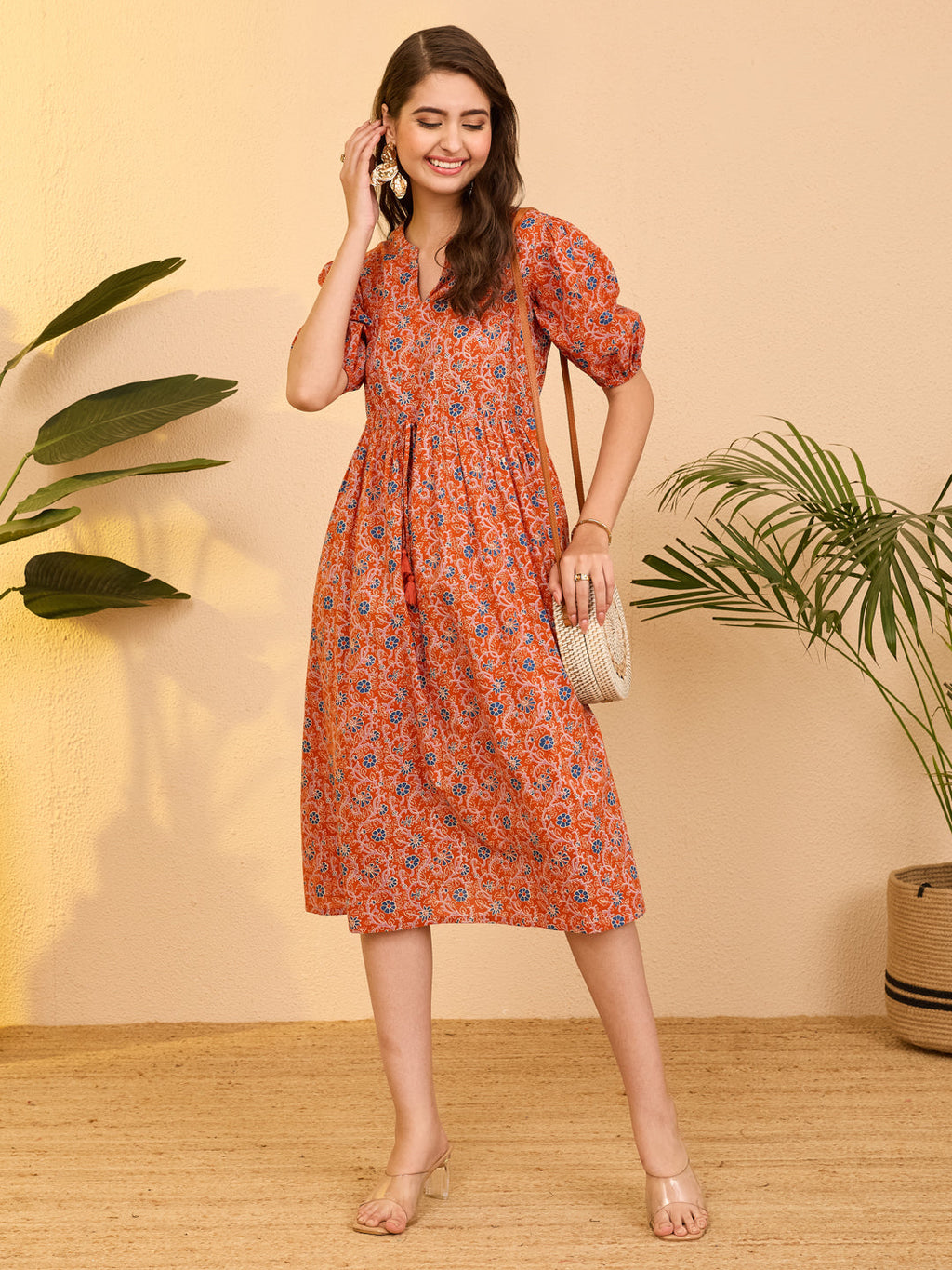 Janasya Orange Fit & Flare Cotton Dress | Grocsy
