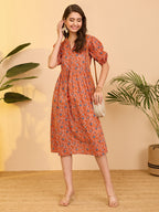 Janasya Orange Fit & Flare Cotton Dress | Grocsy