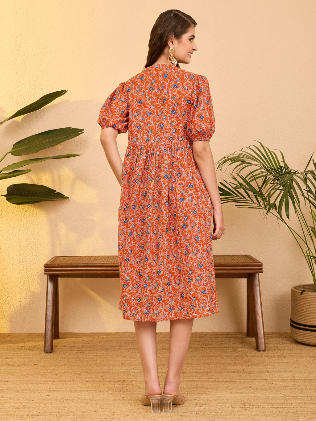 Janasya Orange Fit & Flare Cotton Dress | Grocsy