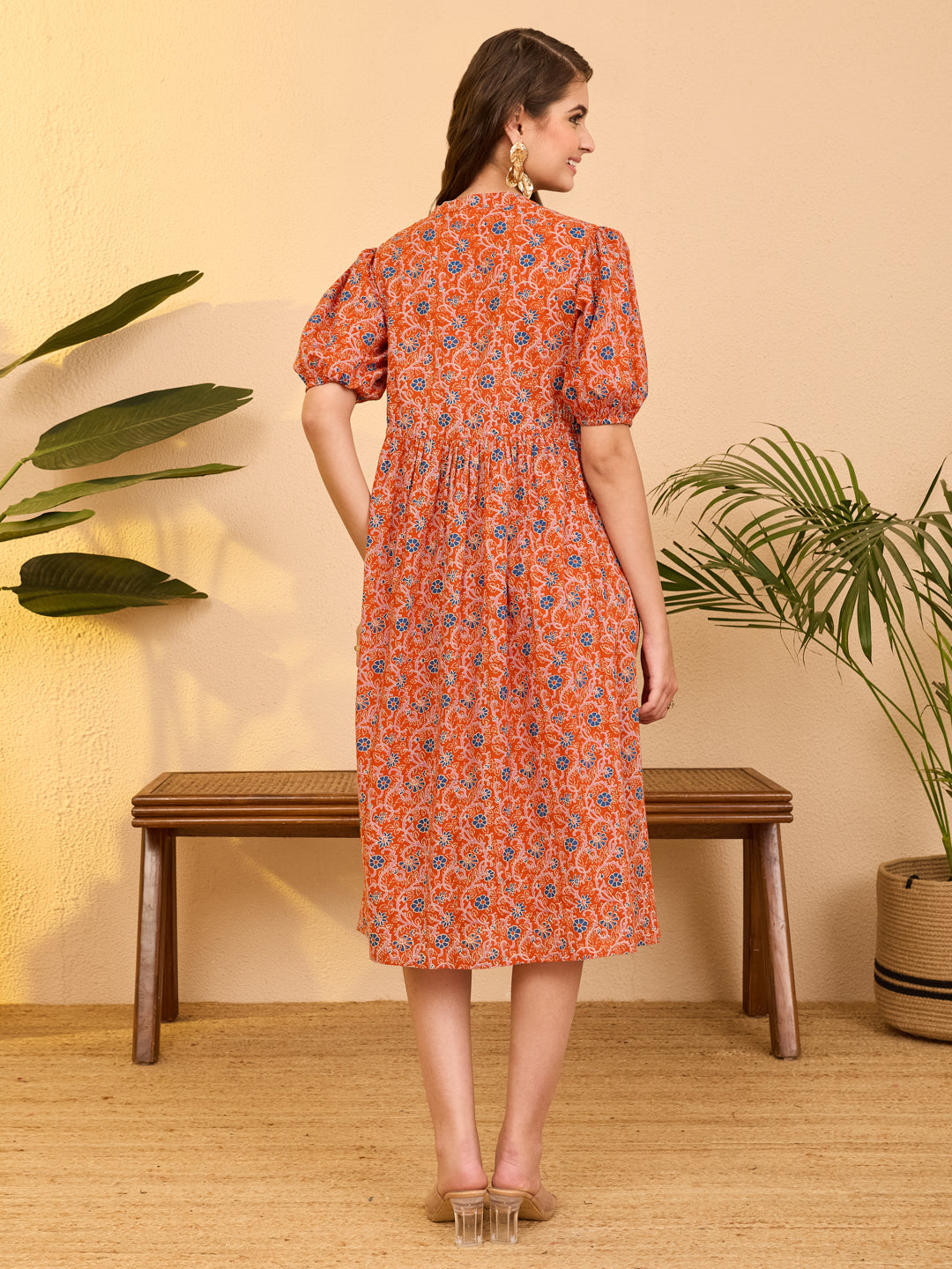 Janasya Orange Fit & Flare Cotton Dress | Grocsy