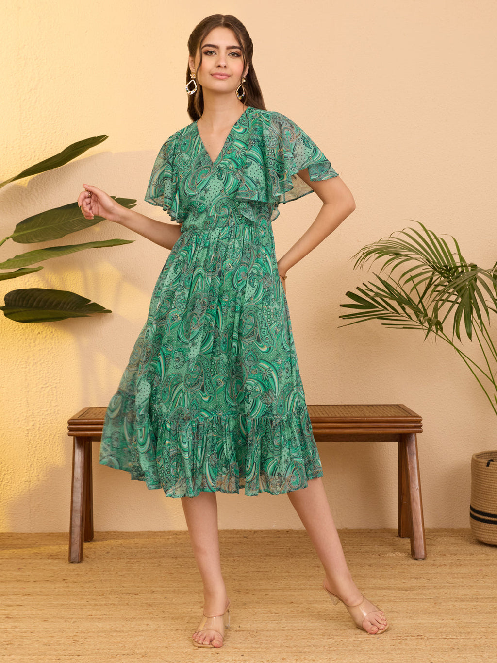 Janasya Aqua Flared Georgette Dress | Grocsy