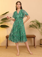Janasya Aqua Flared Georgette Dress | Grocsy