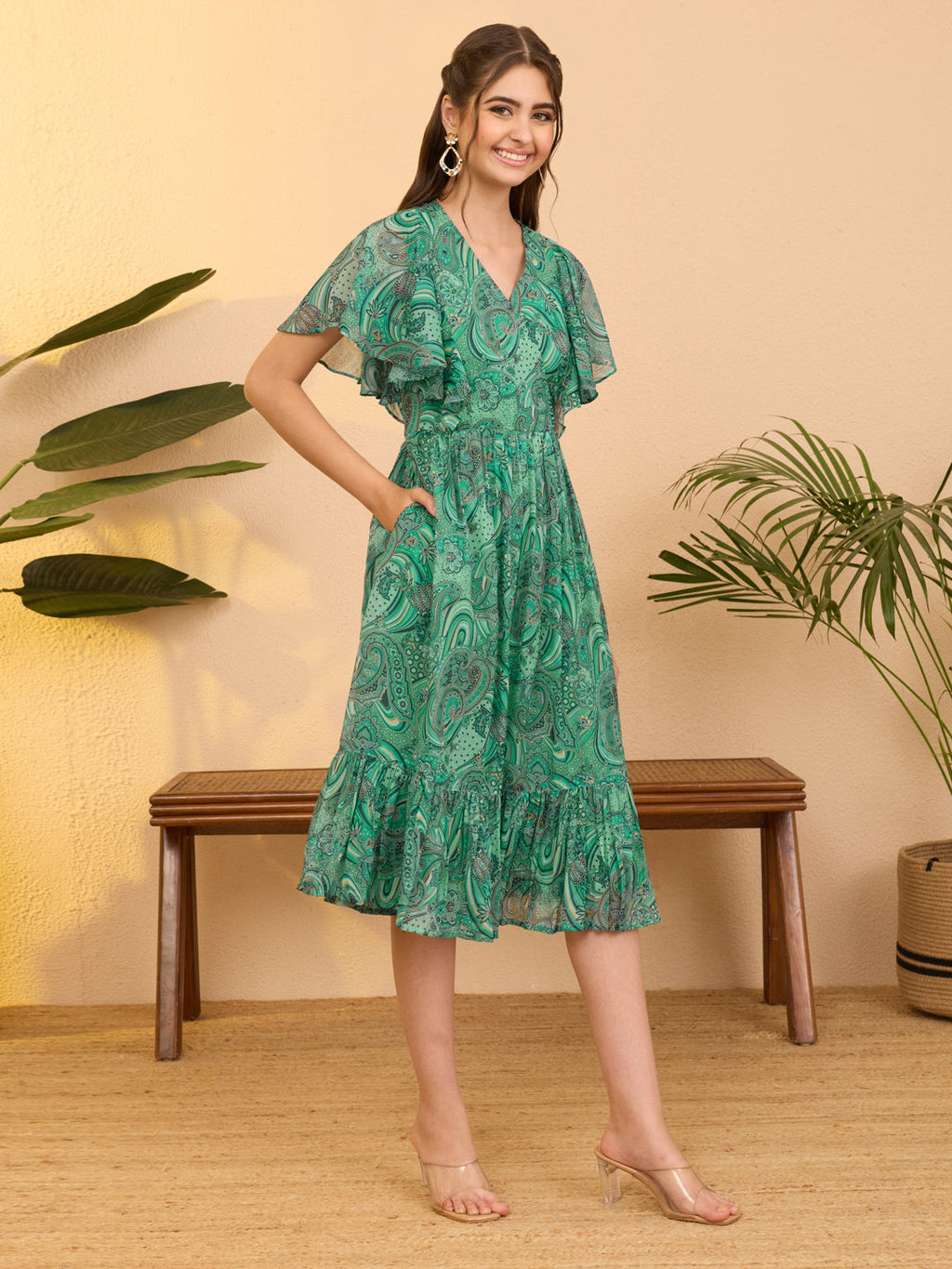 Janasya Aqua Flared Georgette Dress | Grocsy