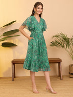 Janasya Aqua Flared Georgette Dress | Grocsy