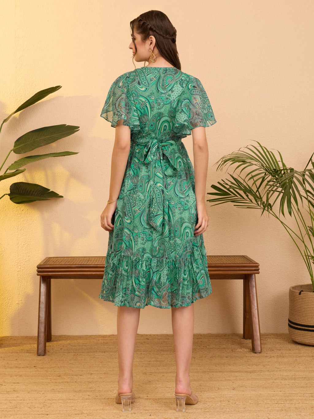 Janasya Aqua Flared Georgette Dress | Grocsy