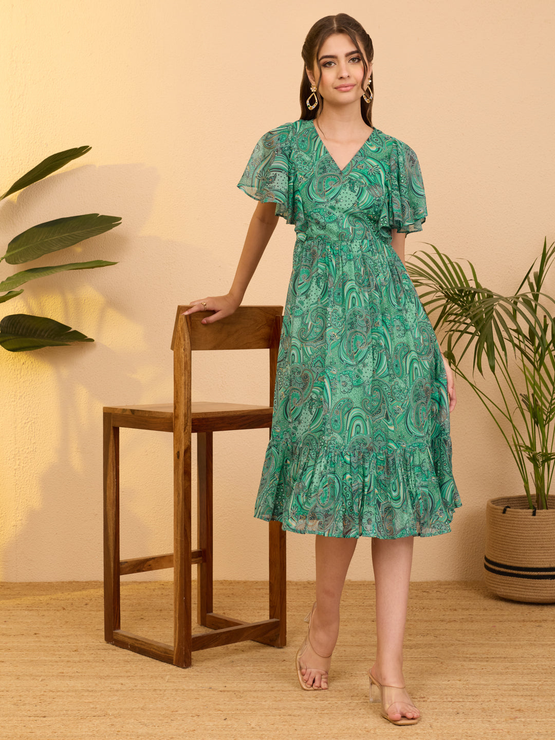 Janasya Aqua Flared Georgette Dress | Grocsy