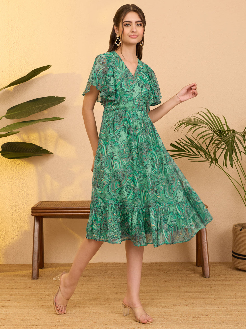 Janasya Aqua Flared Georgette Dress | Grocsy