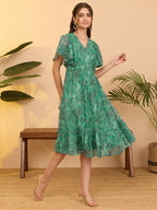 Janasya Aqua Flared Georgette Dress | Grocsy