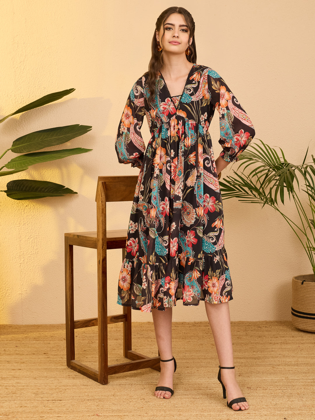 Janasya Black A-Line Georgette Dress | Grocsy