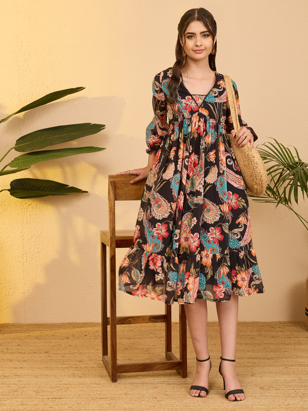 Janasya Black A-Line Georgette Dress | Grocsy
