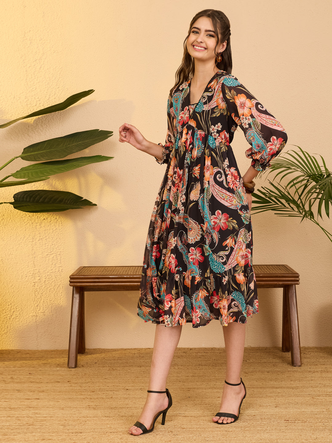 Janasya Black A-Line Georgette Dress | Grocsy