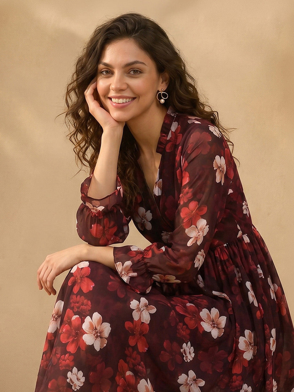Janasya Brown Wrap Georgette Dress | Grocsy