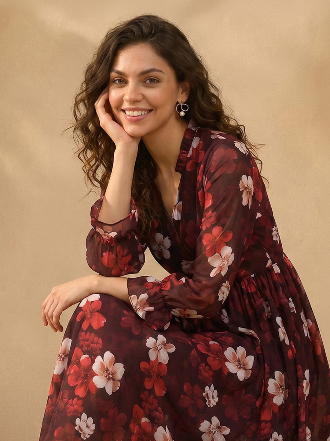 Janasya Brown Wrap Georgette Dress | Grocsy