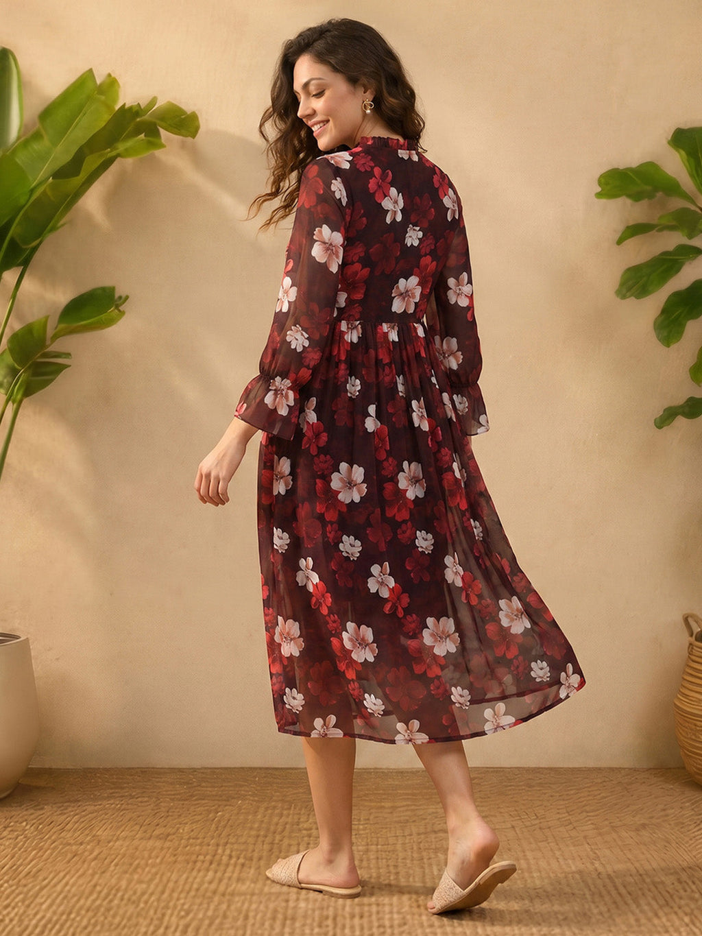 Janasya Brown Wrap Georgette Dress | Grocsy