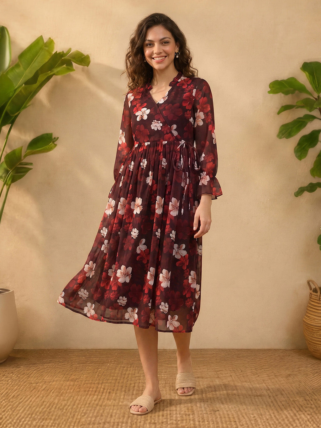 Janasya Brown Wrap Georgette Dress | Grocsy