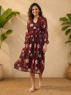 Janasya Brown Wrap Georgette Dress | Grocsy
