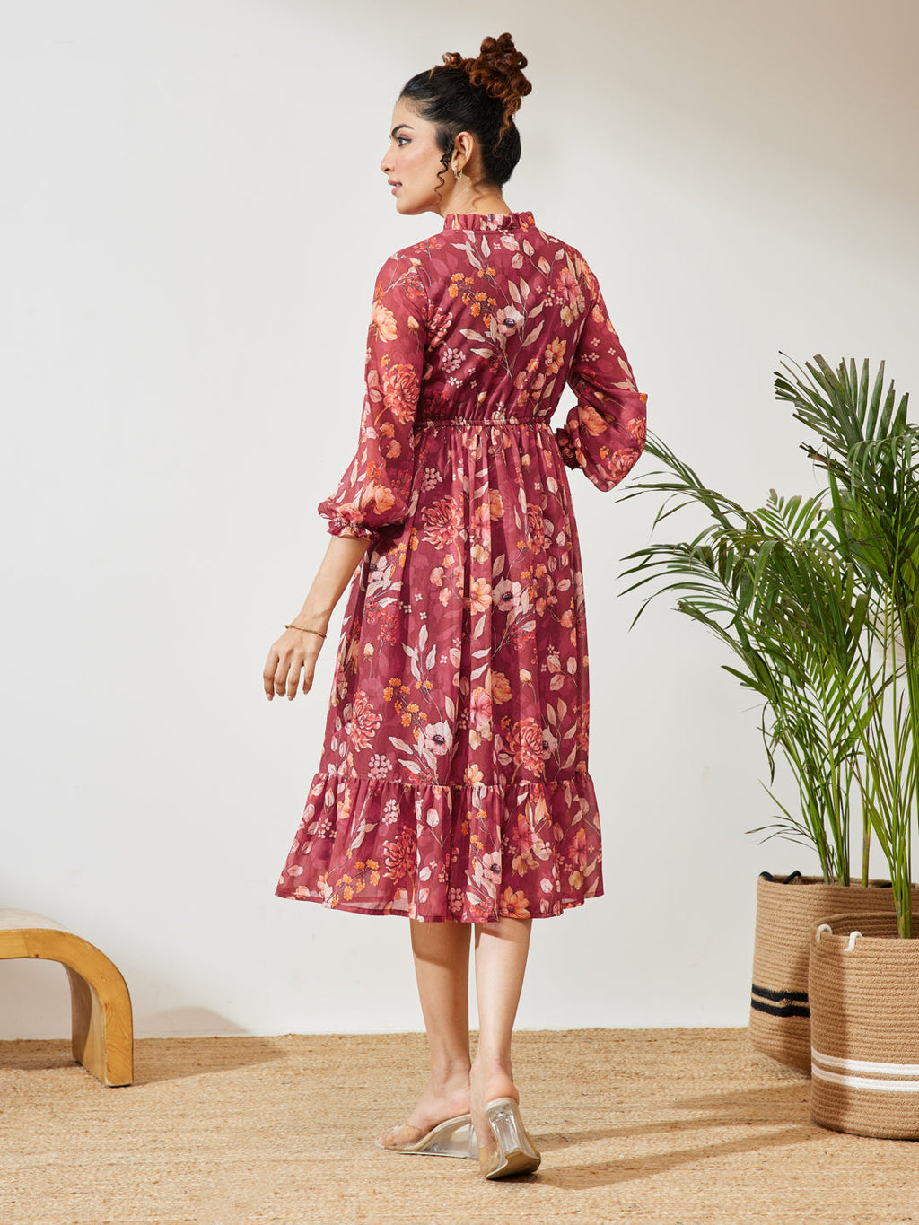 Janasya Maroon Fit & Flare Georgette Dress | Grocsy