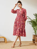 Janasya Maroon Fit & Flare Georgette Dress | Grocsy