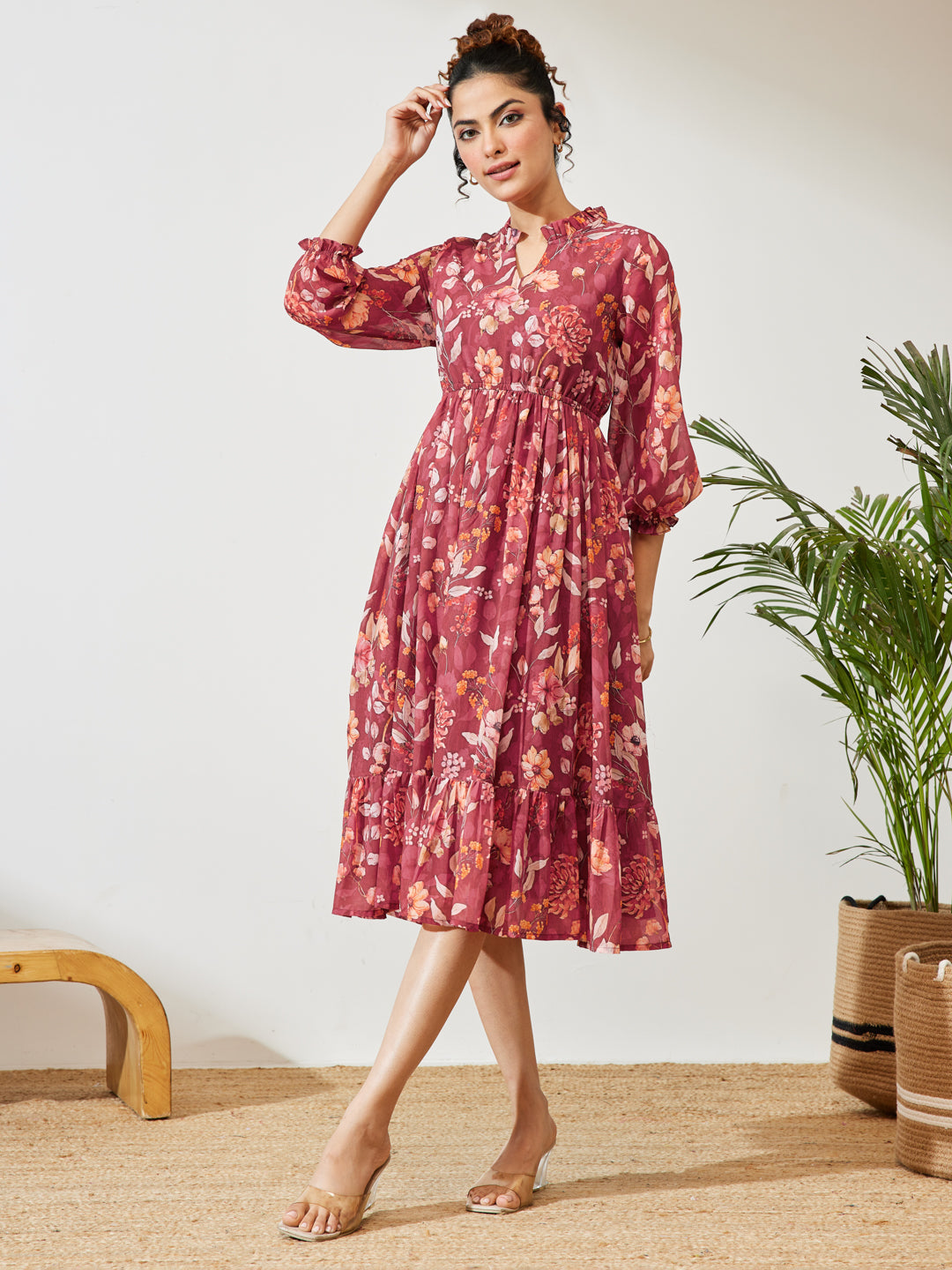 Janasya Maroon Fit & Flare Georgette Dress | Grocsy