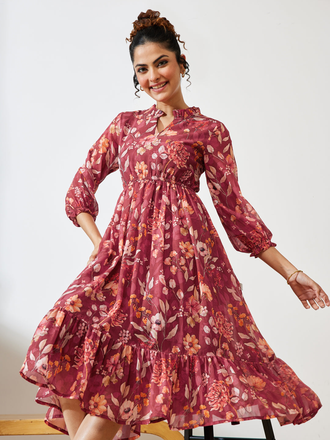 Janasya Maroon Fit & Flare Georgette Dress | Grocsy