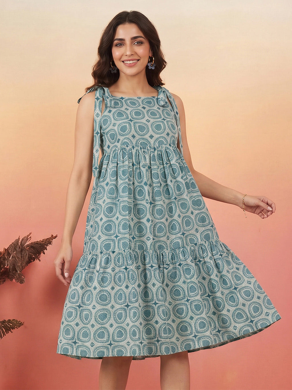 Janasya Teal Gathered Cotton Dress | Grocsy