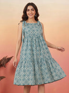 Janasya Teal Gathered Cotton Dress | Grocsy